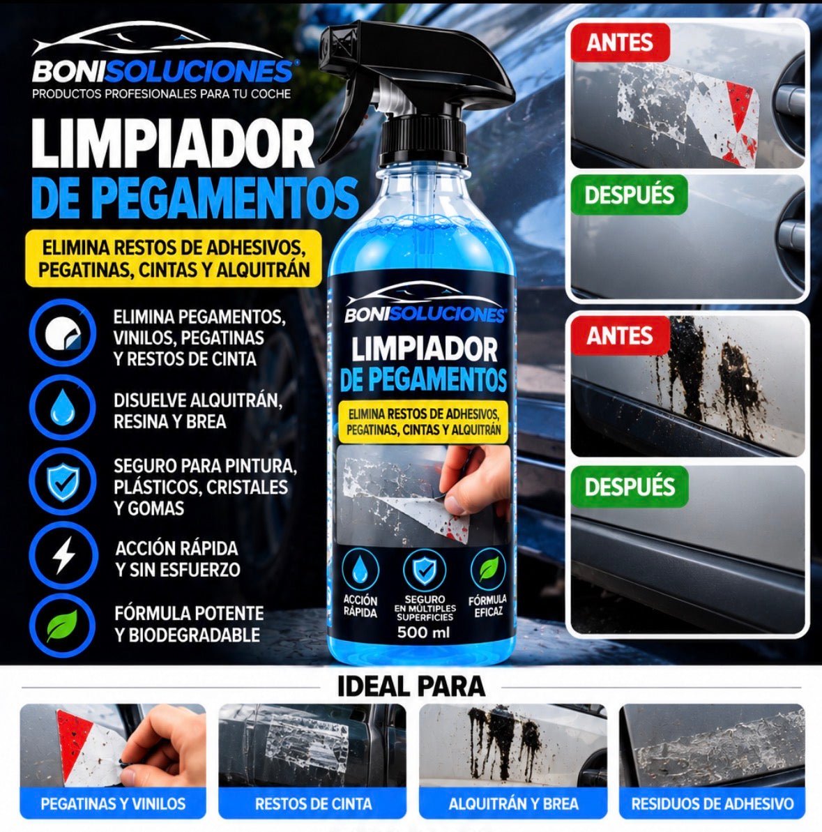 Quita Pegatinas y Quita Alquitrán - para tu coche y tu pintura se quedará sin marca de pegatina - Boni Soluciones