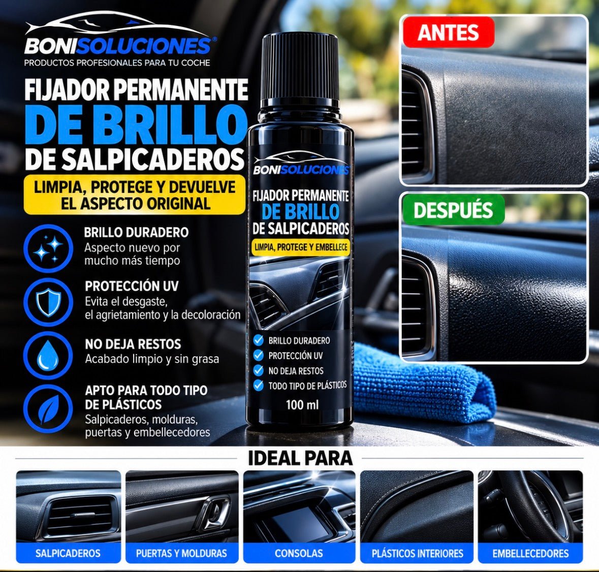 Fijador permanente para salpicaderos de coche sin brillo. - Boni Soluciones