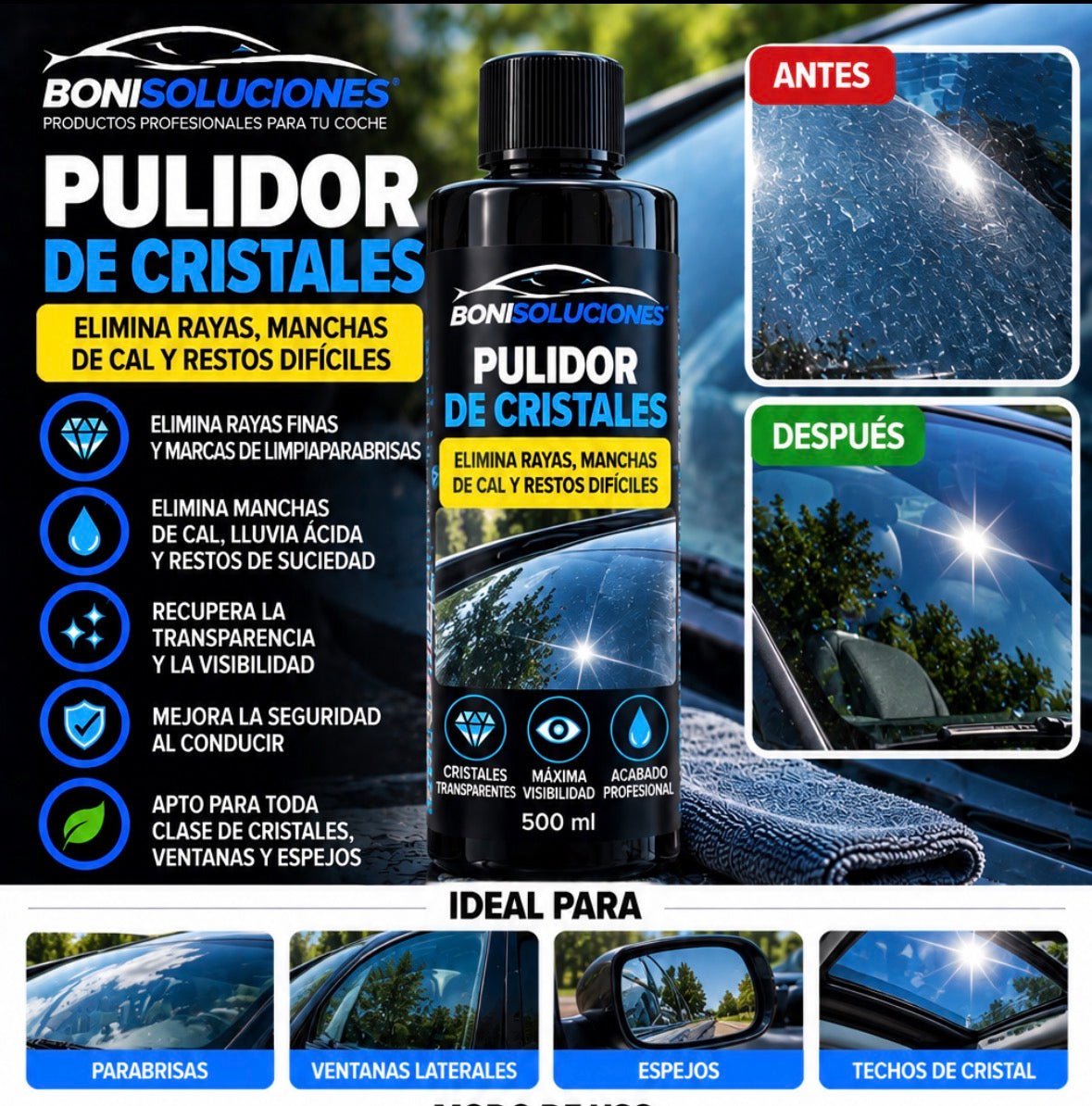 Pulidor de Cristales + Kit Esponja para pulir tu coche o camion - Boni Soluciones